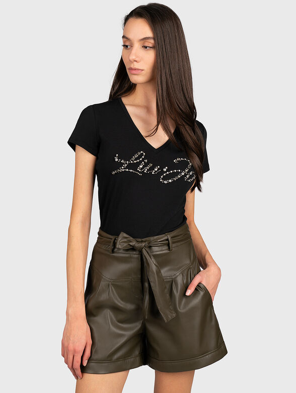 Black T-shirt with logo and rhinestones - 1