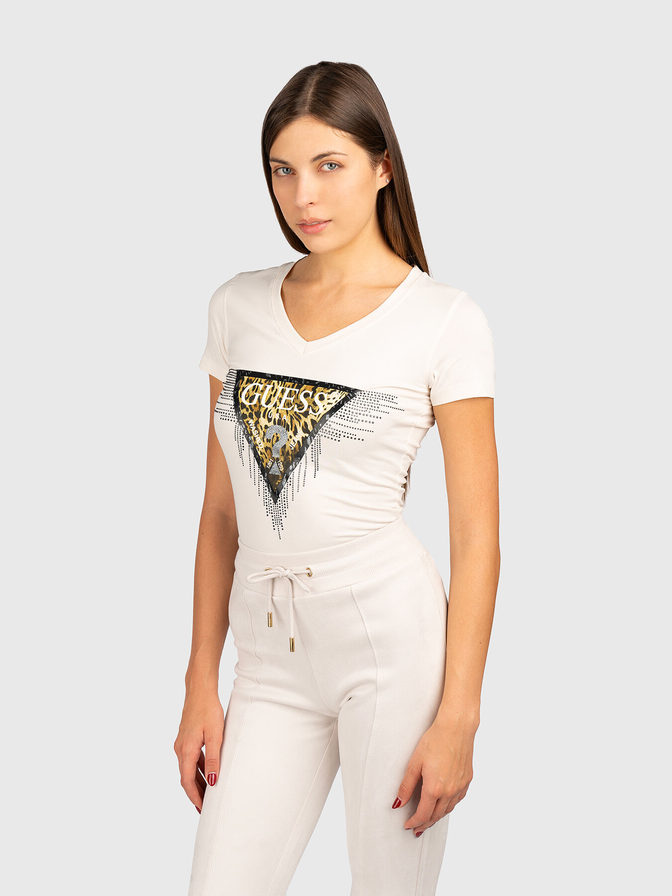 Logo T-shirt with animal print and rhinestones brand GUESS