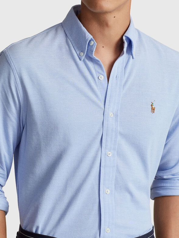 Blue cotton shirt with contrast logo embroidery - 4