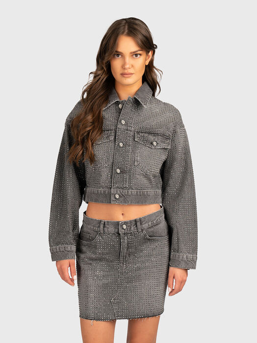 Short denim jacket with rhinestones