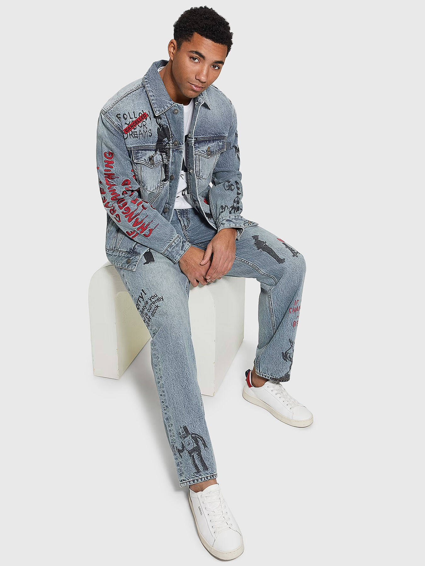 Oversized denim jacket with print brand GUESS