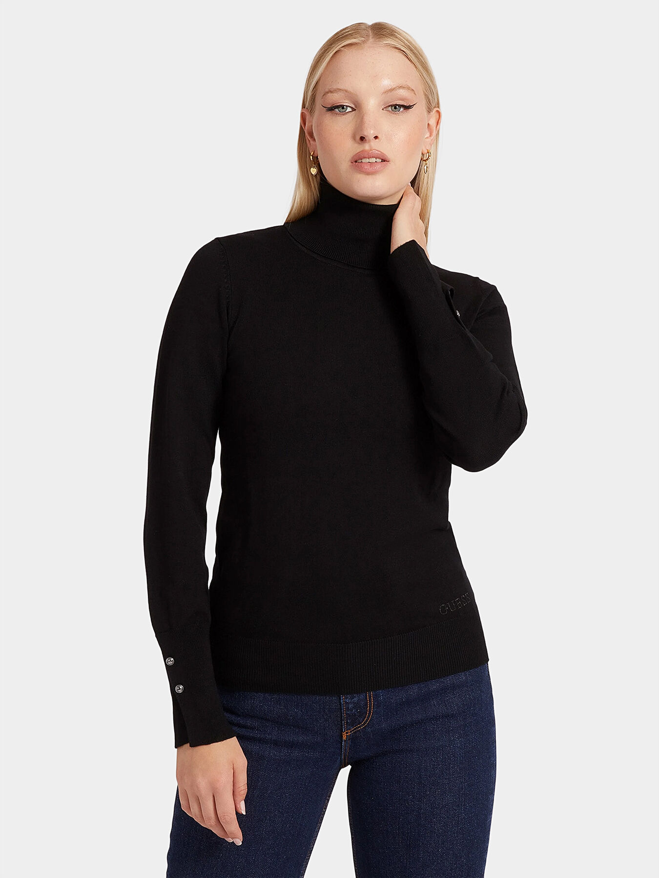 Turtle neck sweater with buttons on the sleeves brand GUESS Globalbrandsstore en