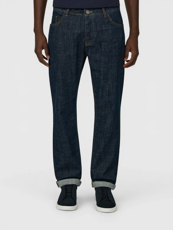 Dark blue cotton blend jeans - 1