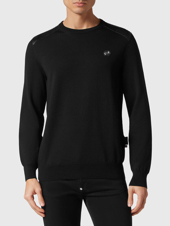 Sweater with leather details in merino wool  - 1