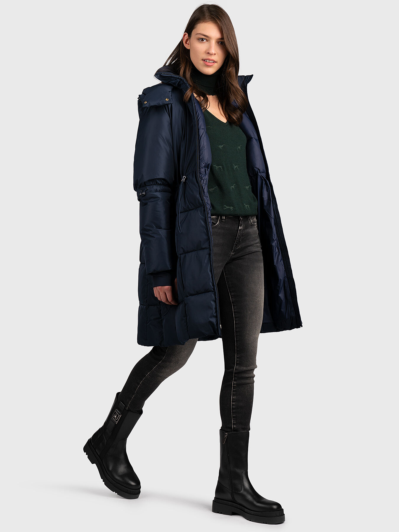Blue padded jacket with hood brand TRUSSARDI — Globalbrandsstore.com/en