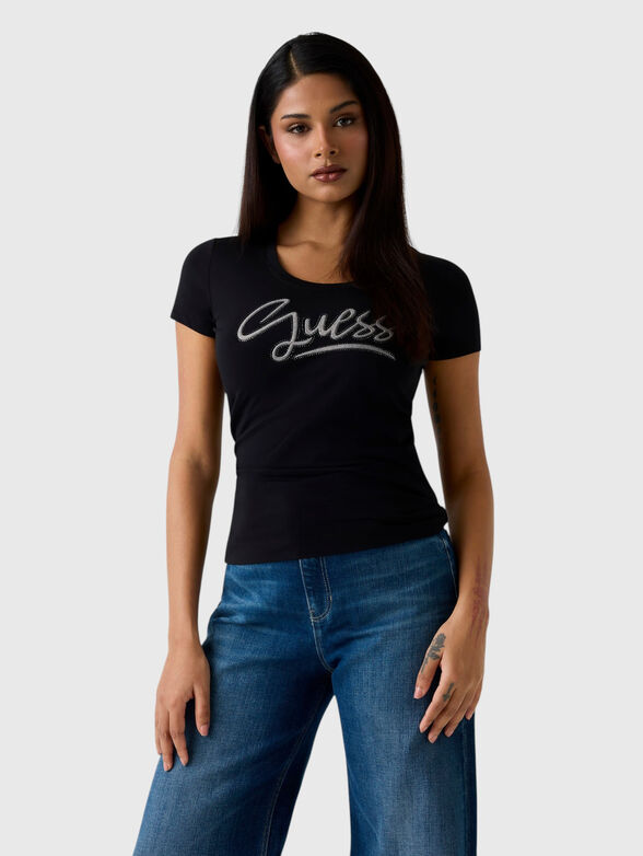 Black T-shirt with crystal appliqu&eacute;s - 1