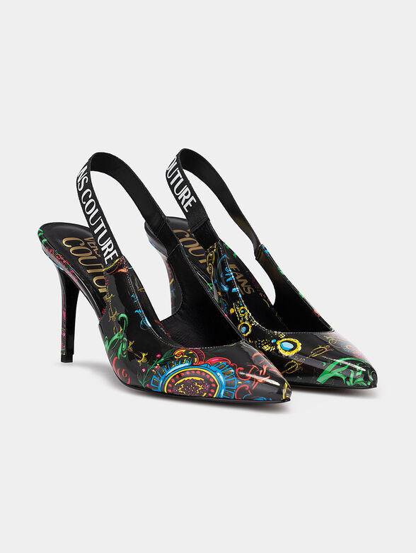 Printed high heeled shoes with branded strap - 2