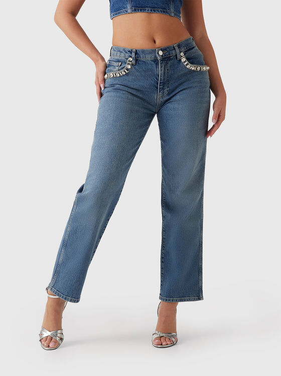Jeans with appliquéd crystals on the pockets - 1