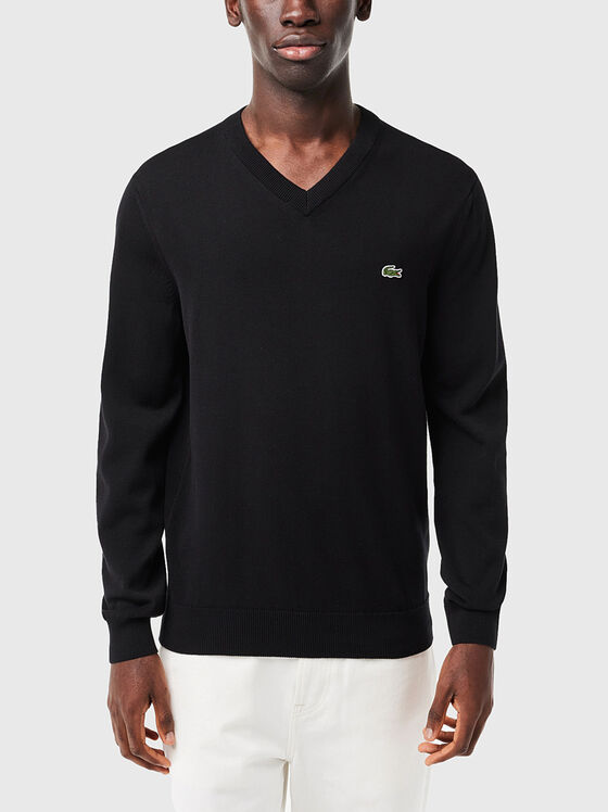 Черен пуловер с лого детайл  - 1