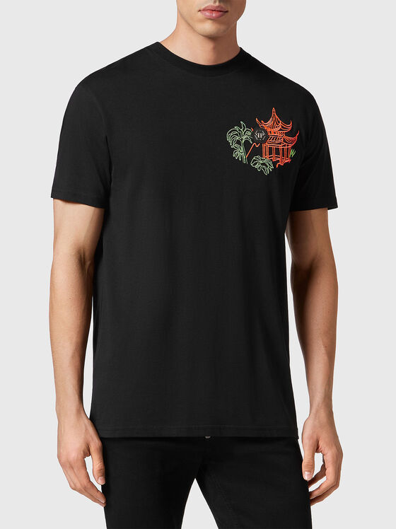 Contrast embroidered T-shirt with crystals  - 1