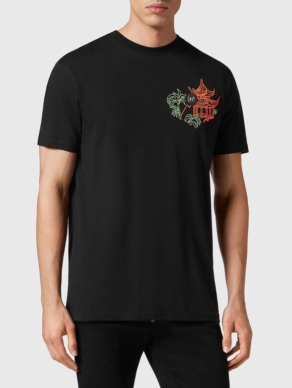 Contrast embroidered T-shirt with crystals  - 1