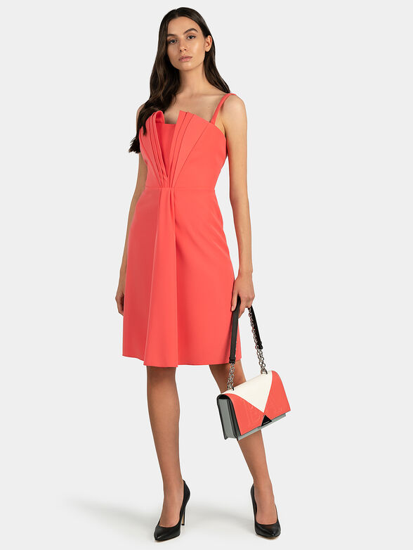 Dress with pleated accent in coral color - 1