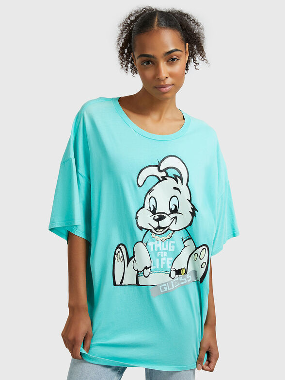 Oversized blue T-shirt with print  - 1