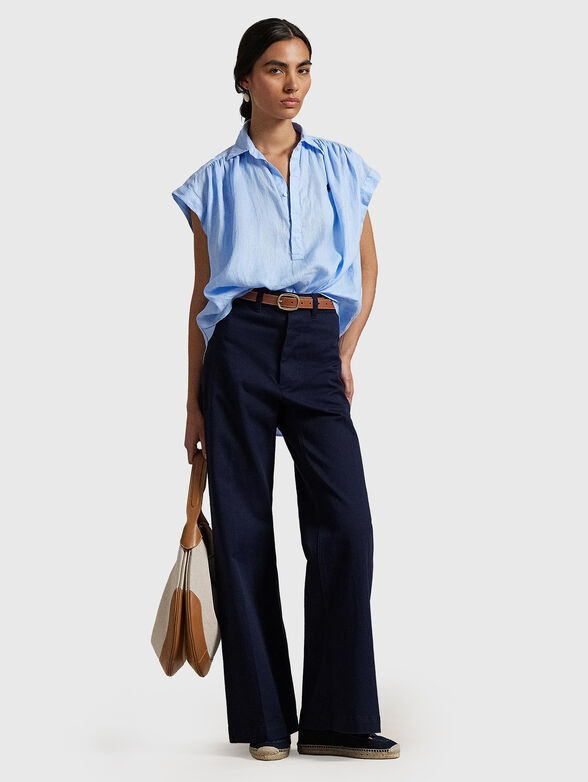Blue linen blouse with logo embroidery - 1