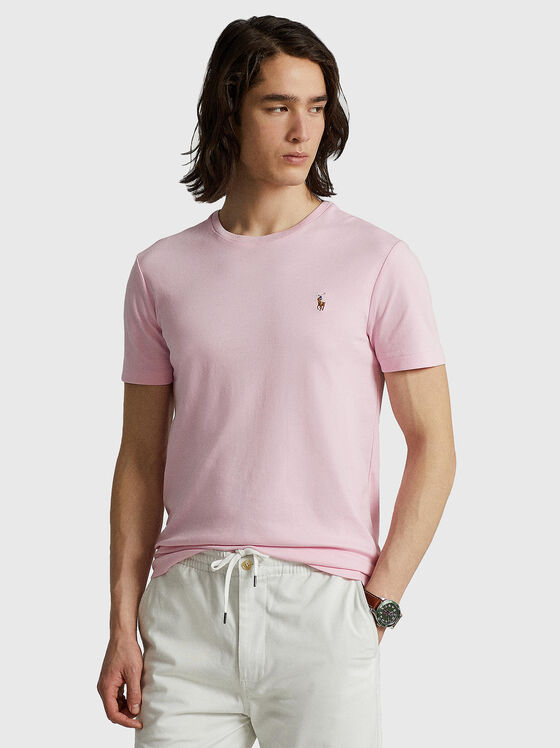Розова тениска с цветна лого бродерия - 1