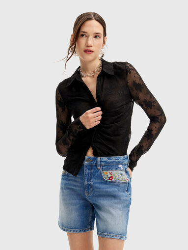 Denim shorts with floral embroideries - 4