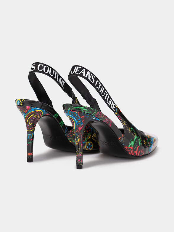 Printed high heeled shoes with branded strap - 3