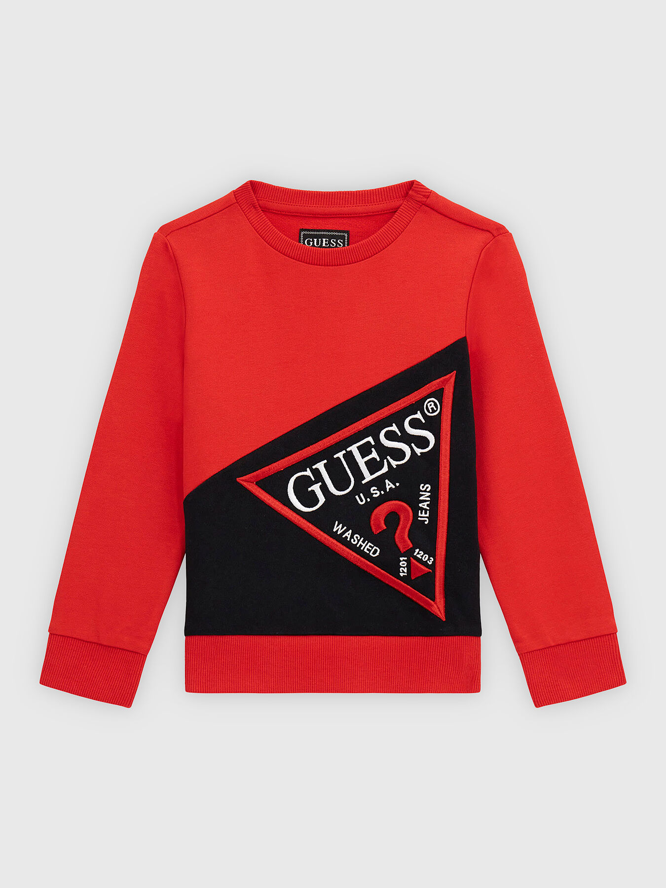 Red sweatshirt with triangular logo embroidery brand GUESS Globalbrandsstore en