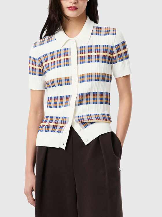 Кариран плетен пуловер с поло яка - 1