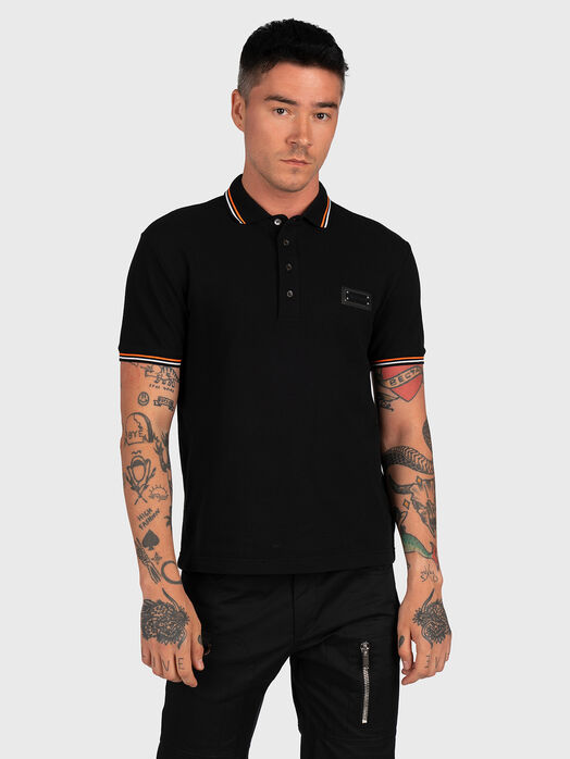 Black cotton polo shirt with logo patch