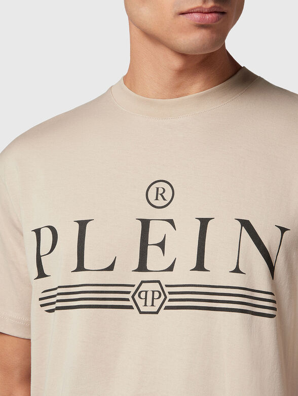 Cotton beige T-shirt with contrasting logo print - 4