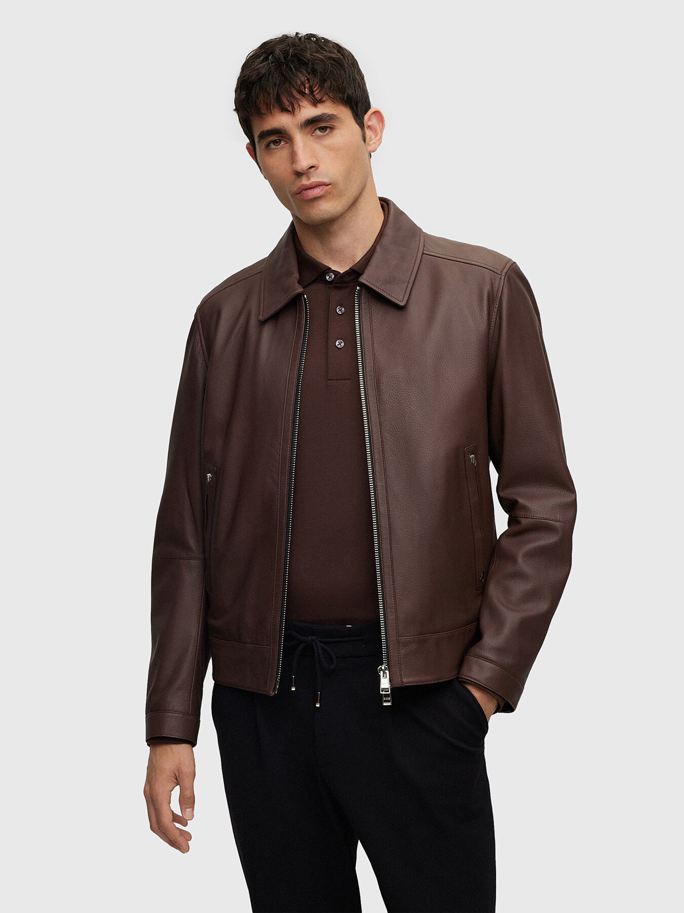 Boss brown leather jacket deals