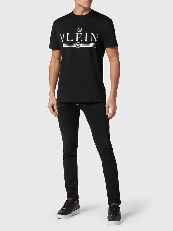 Cotton beige T-shirt with contrasting logo print - 2