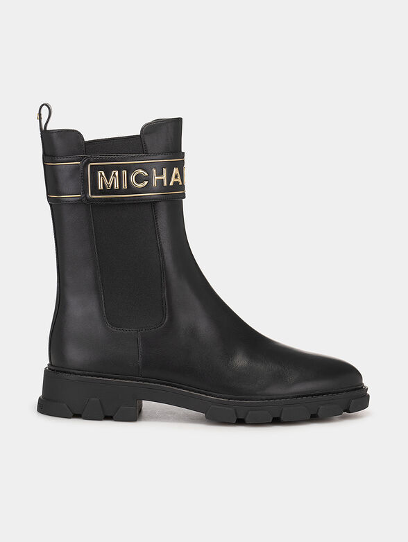Black leather ankle boots with golden logo  - 1