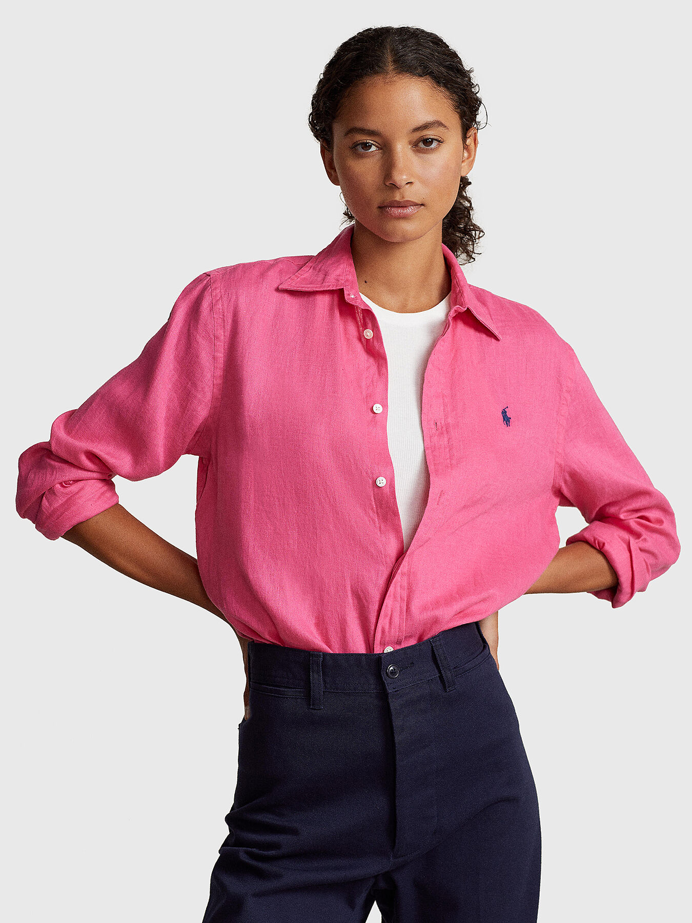 Tシャツ・カットソー Ralph Lauren FW25 Fluo pink linen shirt (710968915 002) Linen shirt with contrast logo detail brand POLO RALPH