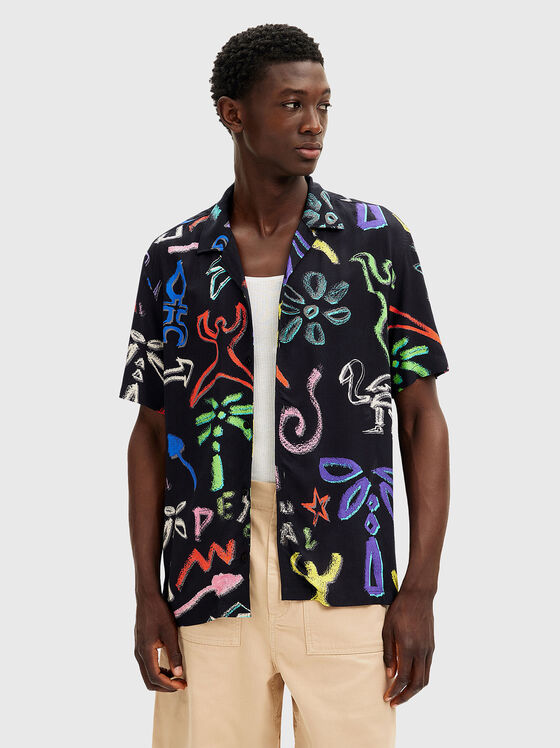 Black short sleeve shirt with multicolour print - 1