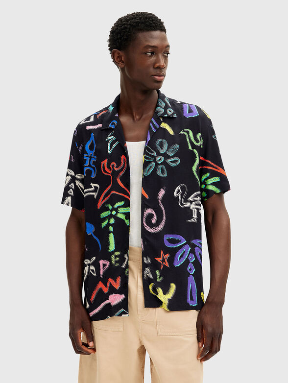 Black short sleeve shirt with multicolour print - 1