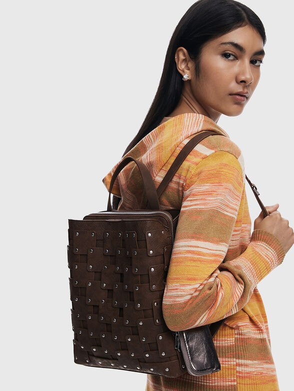 Faux leather backpack with woven texture - 2