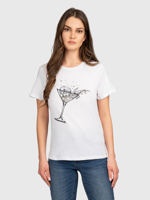 Cotton T-shirt with appliqued rhinestones - 1