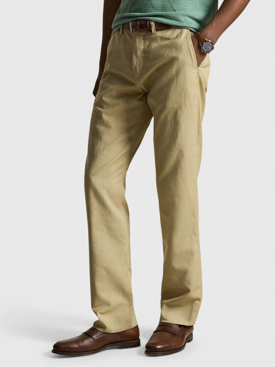 Панталон от памук и лен в бежов цвят - 1