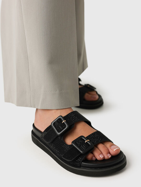 Crystal embellished slippers in black  - 2