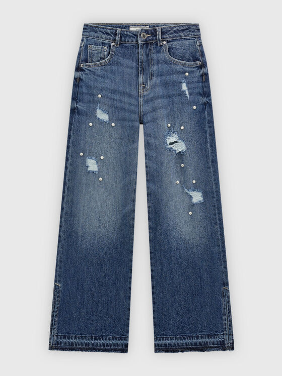 Jeans with accent rips and decorative pearls - 1