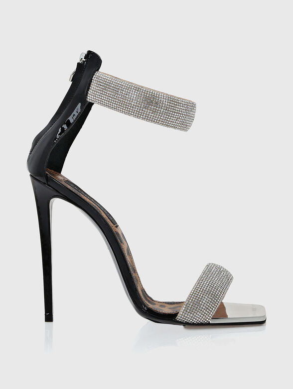 Black leather heeled sandals with rhinestones - 1