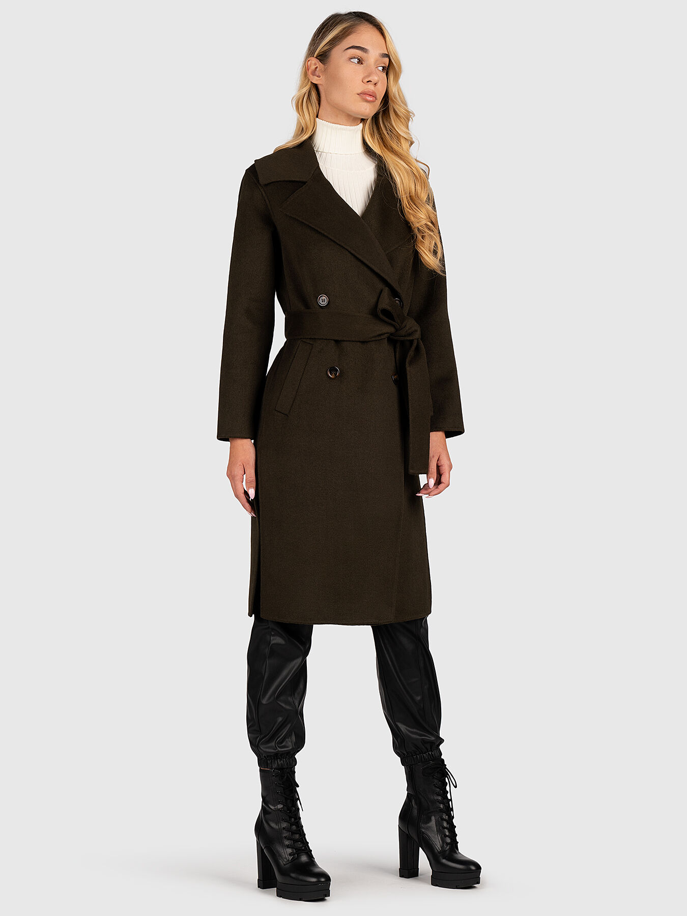 Wool blend coat in dark green color with belt brand LIU JO