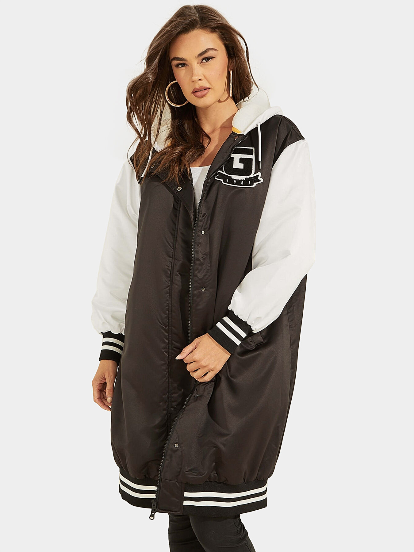 Long bomber jacket with maxi logo patch brand GUESS Globalbrandsstore en