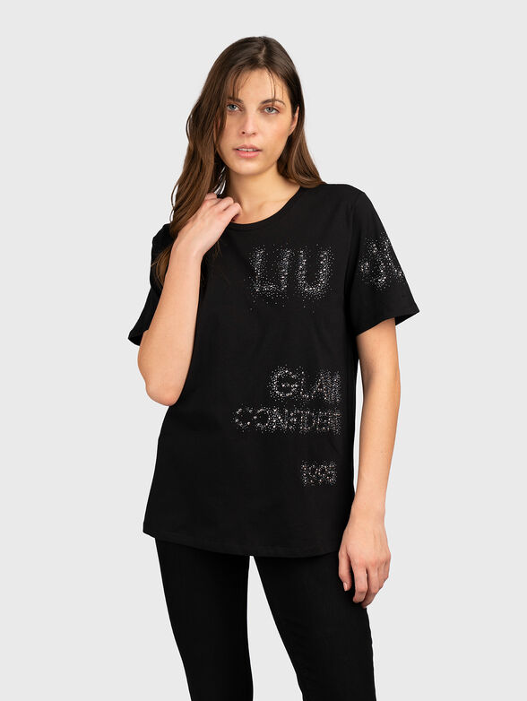 Black cotton T-shirt with rhinestones  - 1