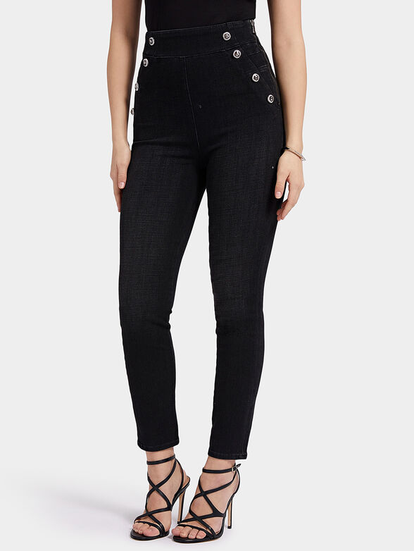 High-waisted black jeans with accent buttons - 1