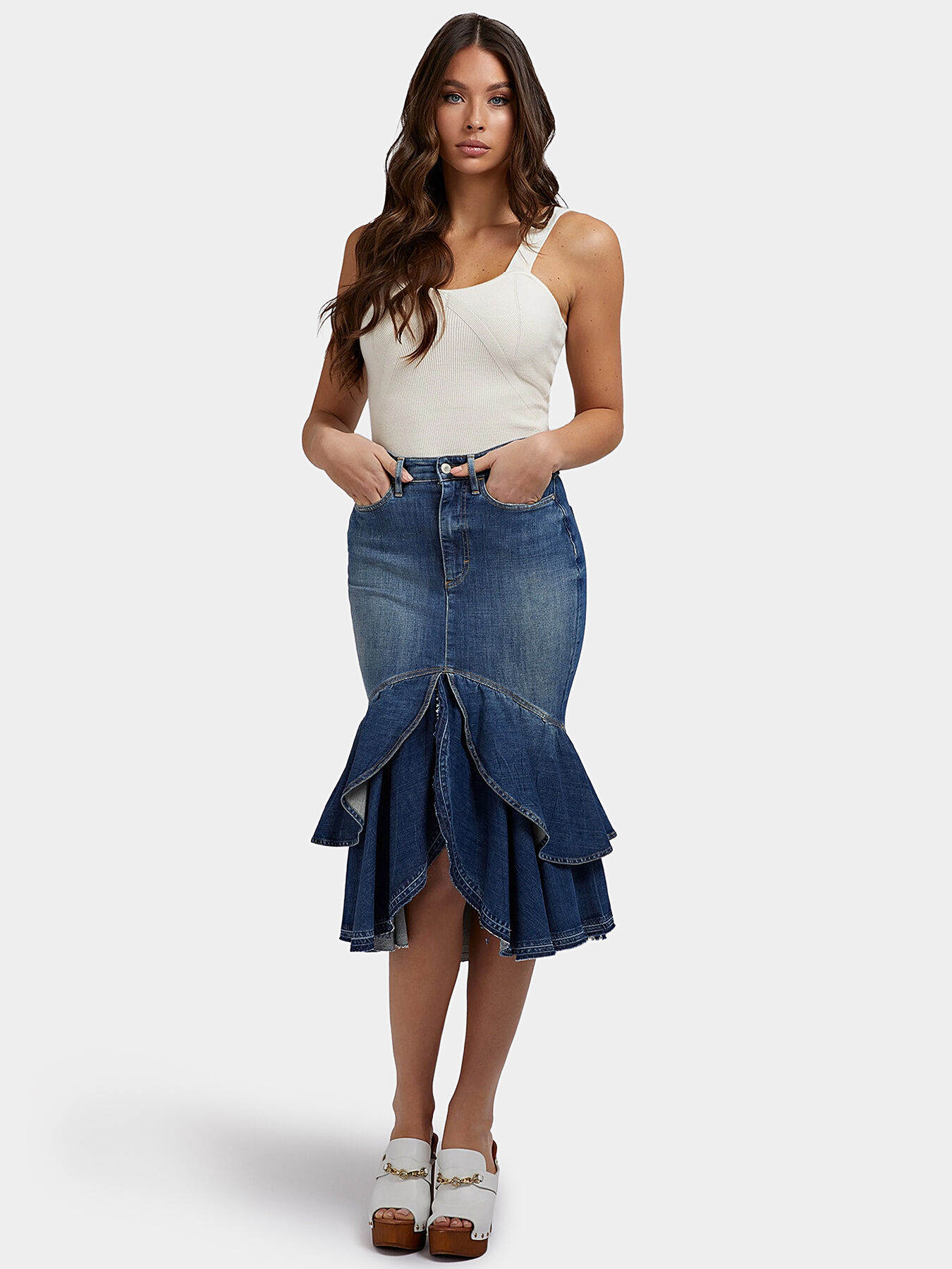 MARINA denim skirt with ruffles brand GUESS Globalbrandsstore en