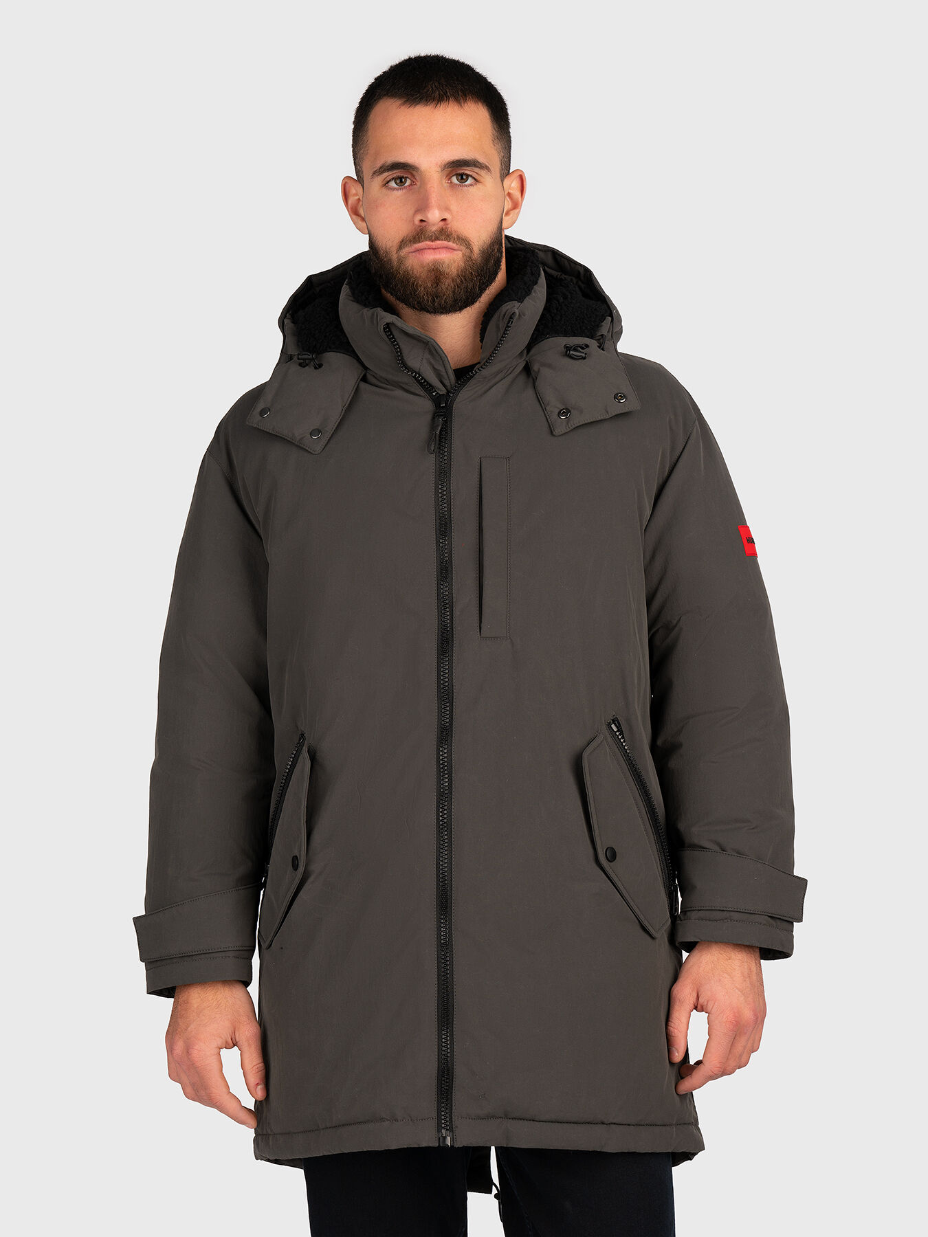 Black parka with logo patch brand HUGO Globalbrandsstore en