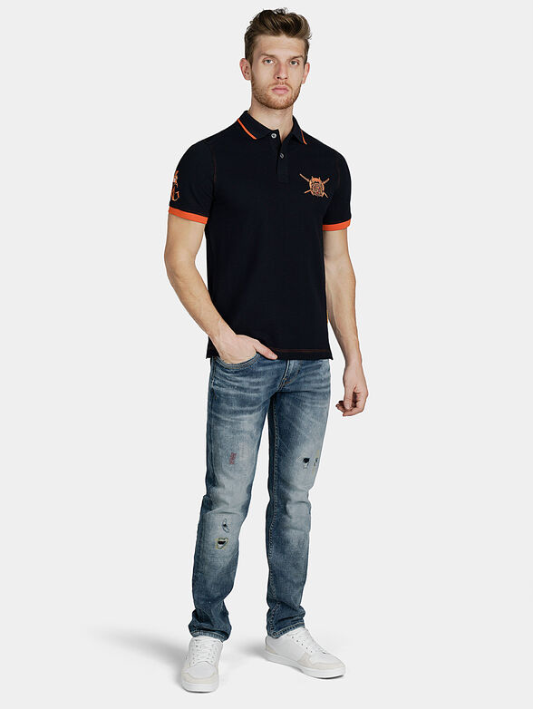 Dark blue polo-shirt with orange details - 2