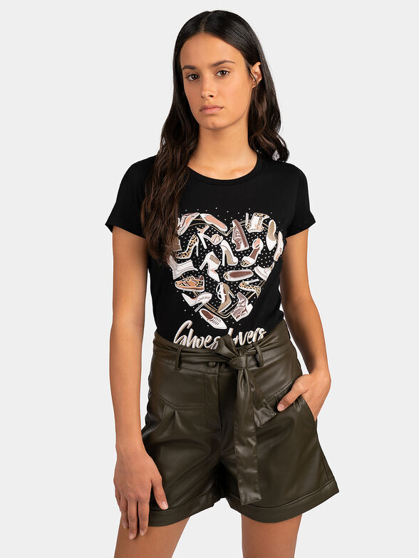 Black printed t-shirt with appliques - 1