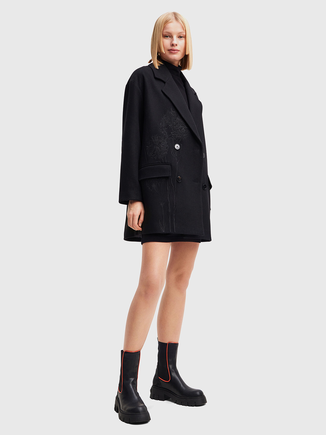 Black coat with embroidery accent brand DESIGUAL