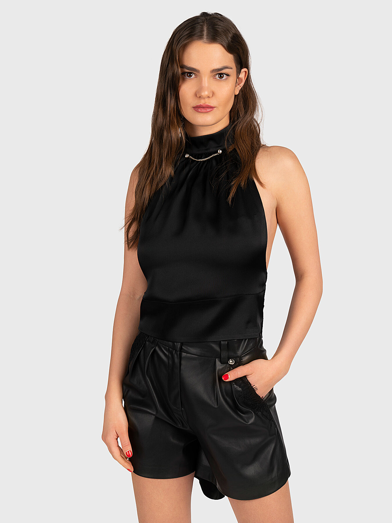 Black satin top with accent back brand LIU JO