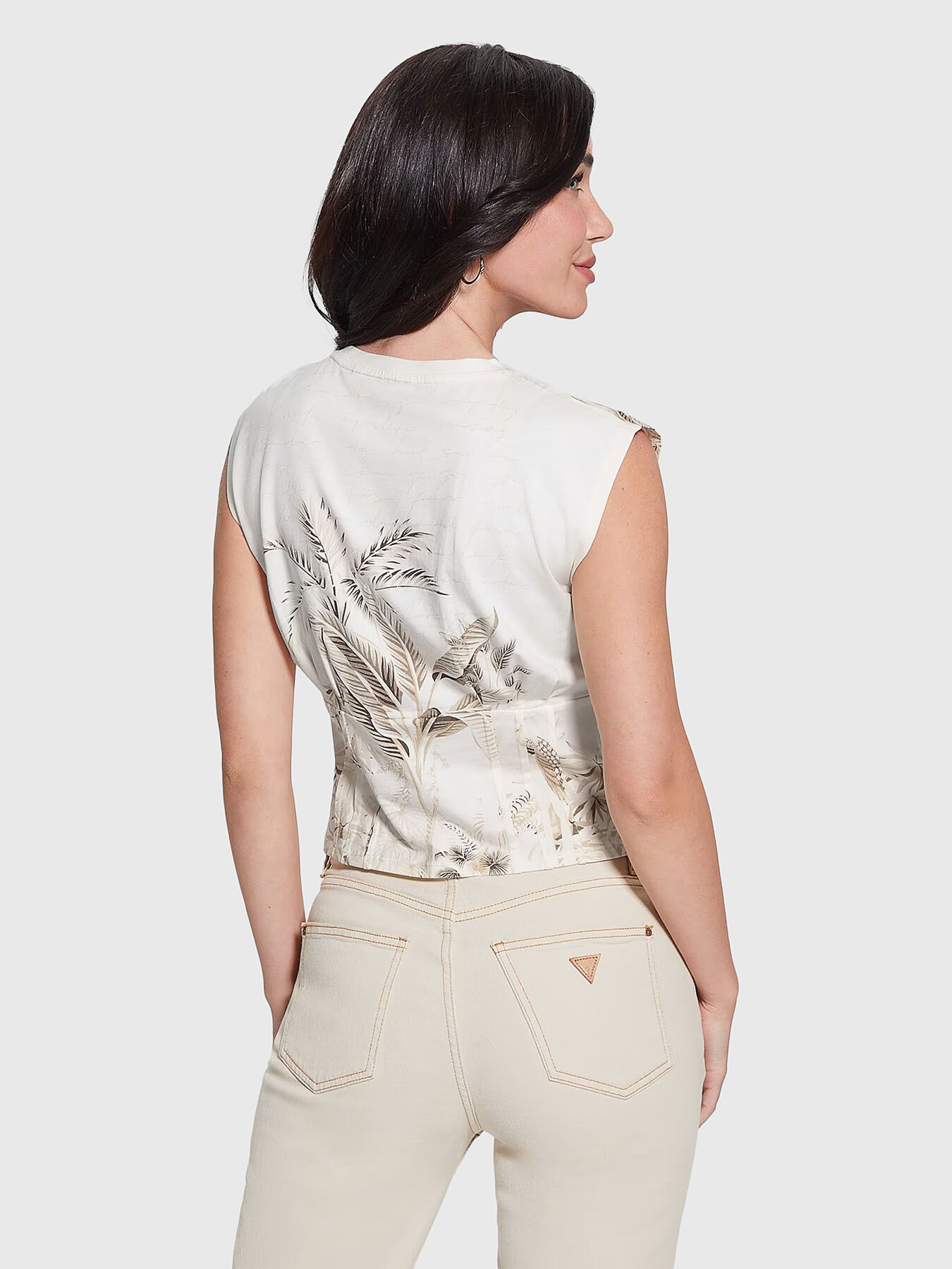 売れ筋商品|||ゲス カットソー トップス レディース Women's Tobacco Palms Printed Corset T-Shirt Pure White TOBACCO PALMS corset T-shirt brand GUESS — Globalbrandsstore