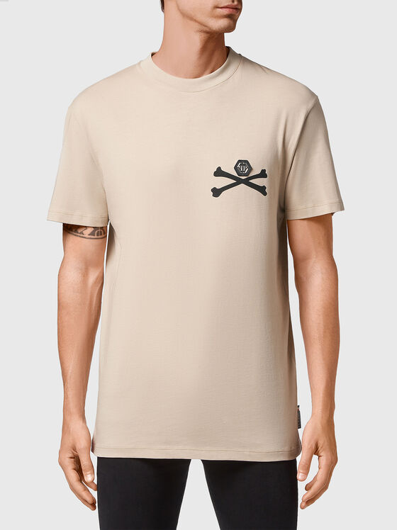 Beige cotton T-shirt with print on the back - 1