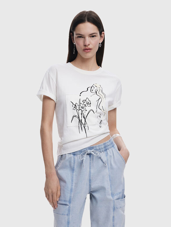 Cotton T-shirt with oval neckline and print - 1